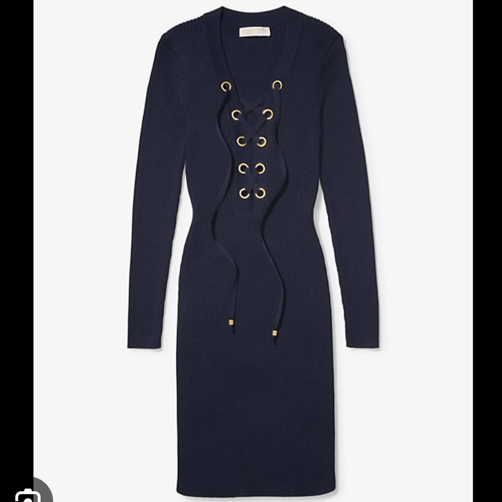 Michael Kors Blue Ribbed Tie Front Sheath Dress